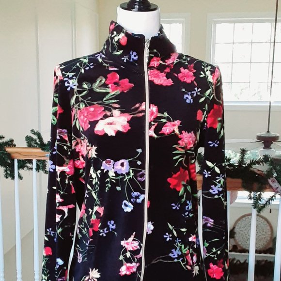 Black Floral Velour Jacket Size S with Gold Full Front Zipper. Oversize - Picture 2 of 8